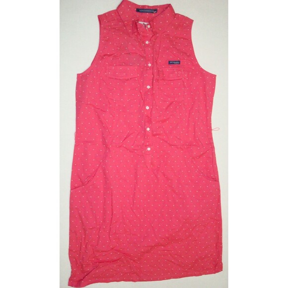 NWT New Womens Columbia Pink Blue Dot Dress PFG M Slits Pockets Cotton Rod Logo - Picture 1 of 8